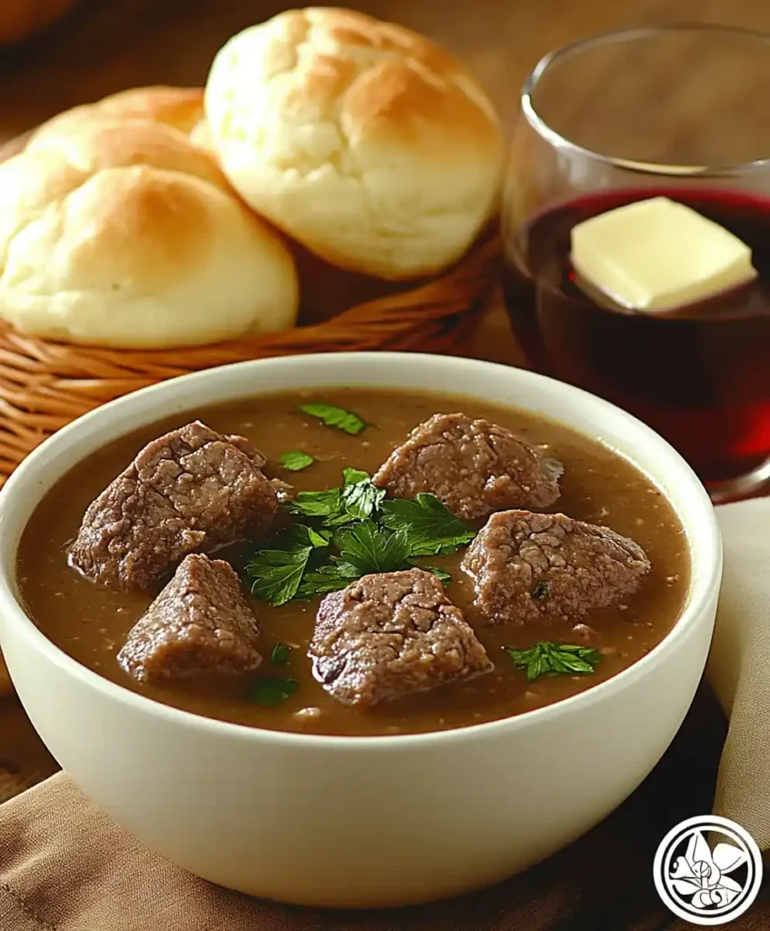 Bowl of Shepherd’s Pie Soup with parsley garnish, served with rolls and a glass of red wine.