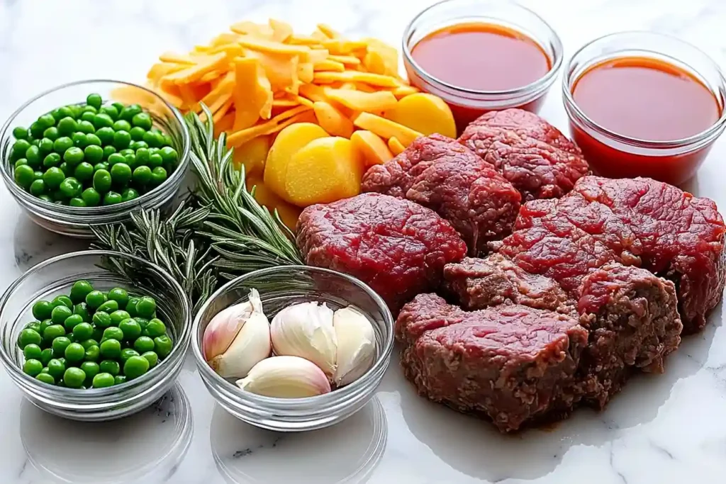 Fresh ingredients for Shepherd’s Pie Soup, including ground beef, vegetables, herbs, and potatoes on a white marble countertop