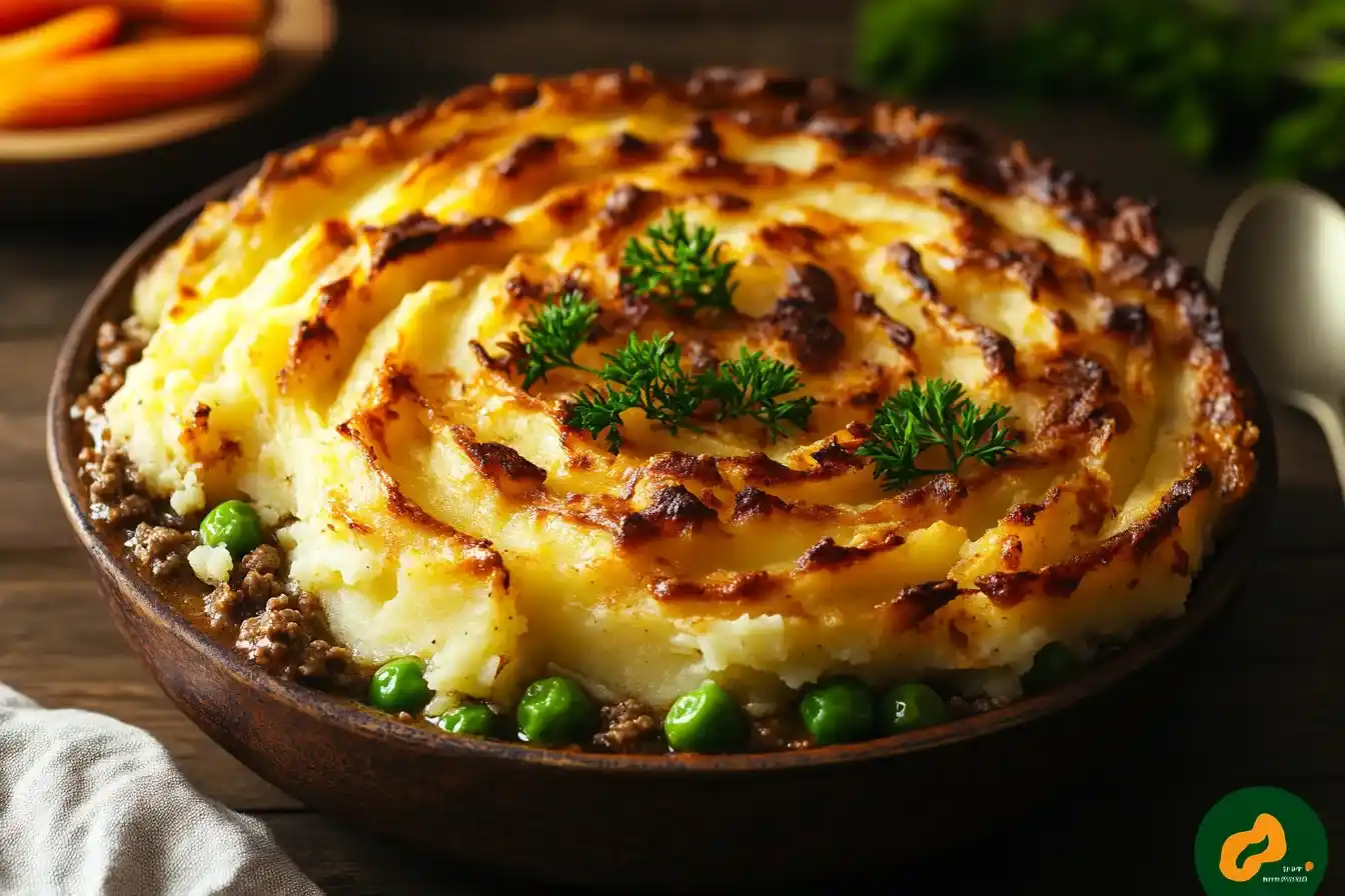 Steaming bowl of Shepherd’s Pie Soup with beef, vegetables, and mashed potatoes in a rustic ceramic bowl.