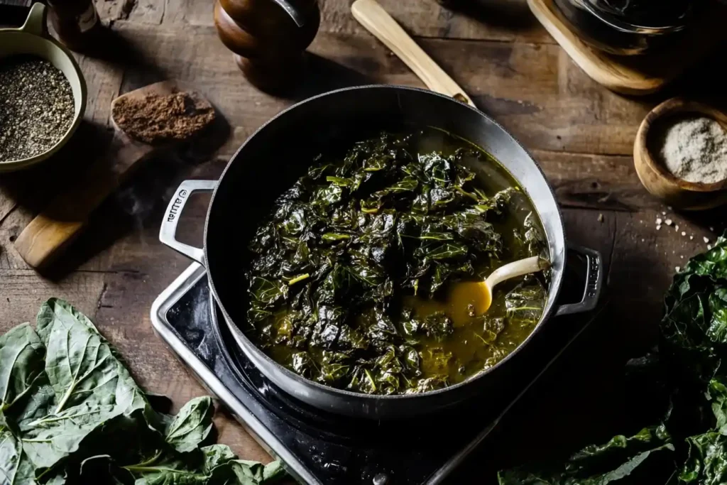 A pot of collard greens with smoked turkey simmering on a rustic stove, surrounded by fresh ingredients