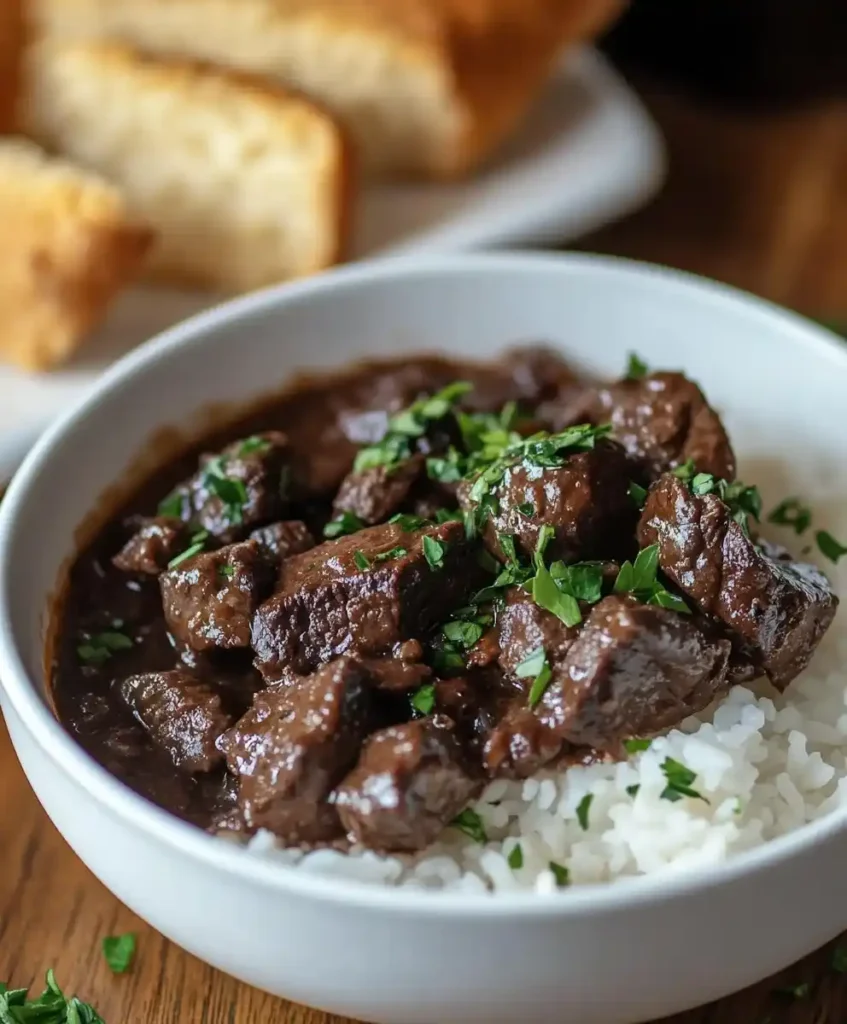 Japanese beef stew served over steamed rice with crusty bread on the side, garnished with fresh parsley