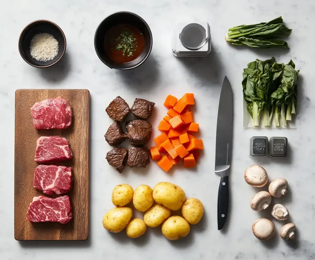 Ingredients for Japanese beef stew: beef chunks, potatoes, carrots, mushrooms, and Japanese curry roux blocks