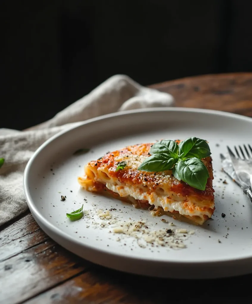 A slice of baked ziti with visible cheese layers, garnished with basil and Parmesan on a white ceramic plate.