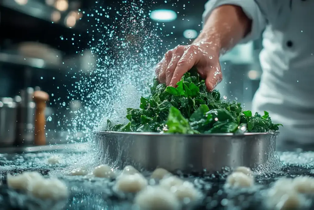 Hands washing fresh collard greens in a stainless steel bowl, highlighting their vibrant green color.