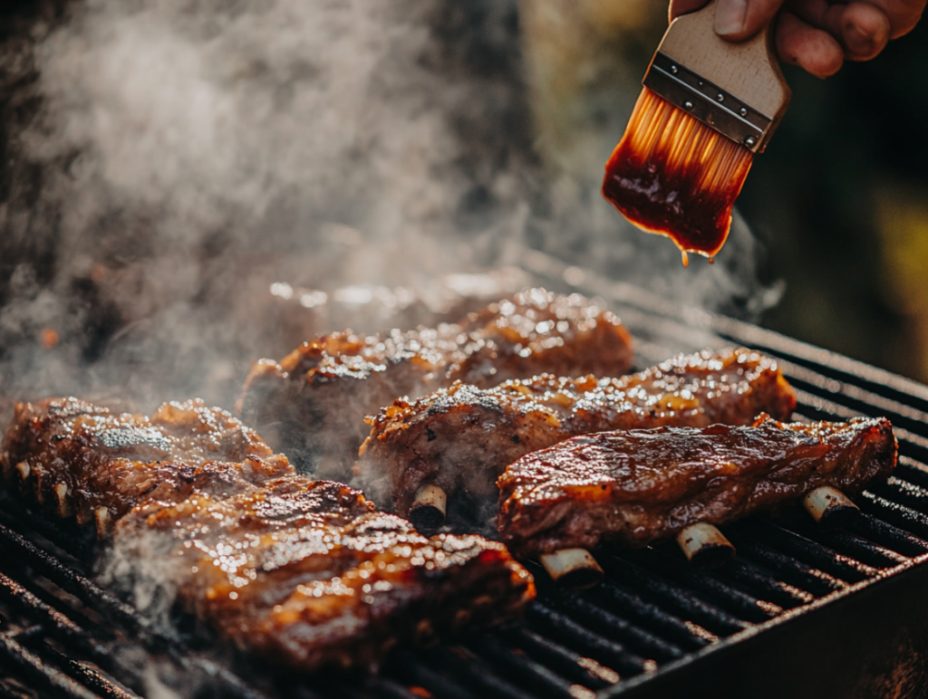 A platter of smoked Traeger ribs with coleslaw, baked beans, and grilled corn, served on a rustic picnic table.