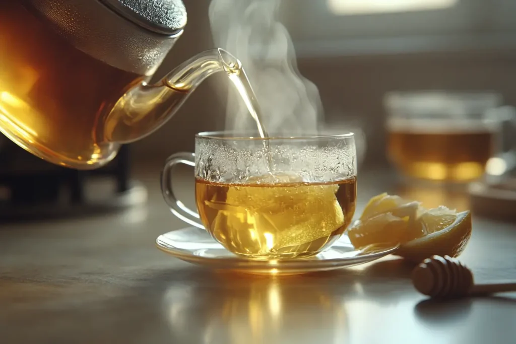 Three customizable white tea shots garnished with lemon, ginger, and mint, surrounded by bowls of honey, berries, and cinnamon