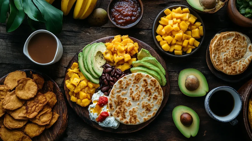 Overhead view of a traditional Colombian breakfast platter with arepas, tropical fruits, coffee, and cheese empanadas