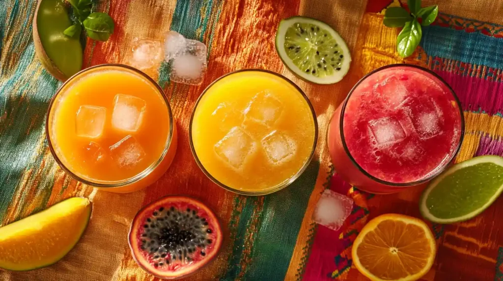 Three glasses of tropical Colombian juices: lulo, guanabana, and passion fruit, with fresh fruit slices on a vibrant cloth