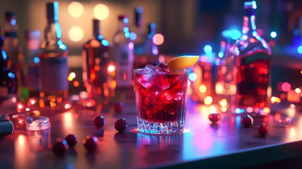 Ingredients for a Vegas Bomb cocktail displayed on a bar countertop, including whiskey, schnapps, cranberry juice, and a glass of Red Bull with festive lighting