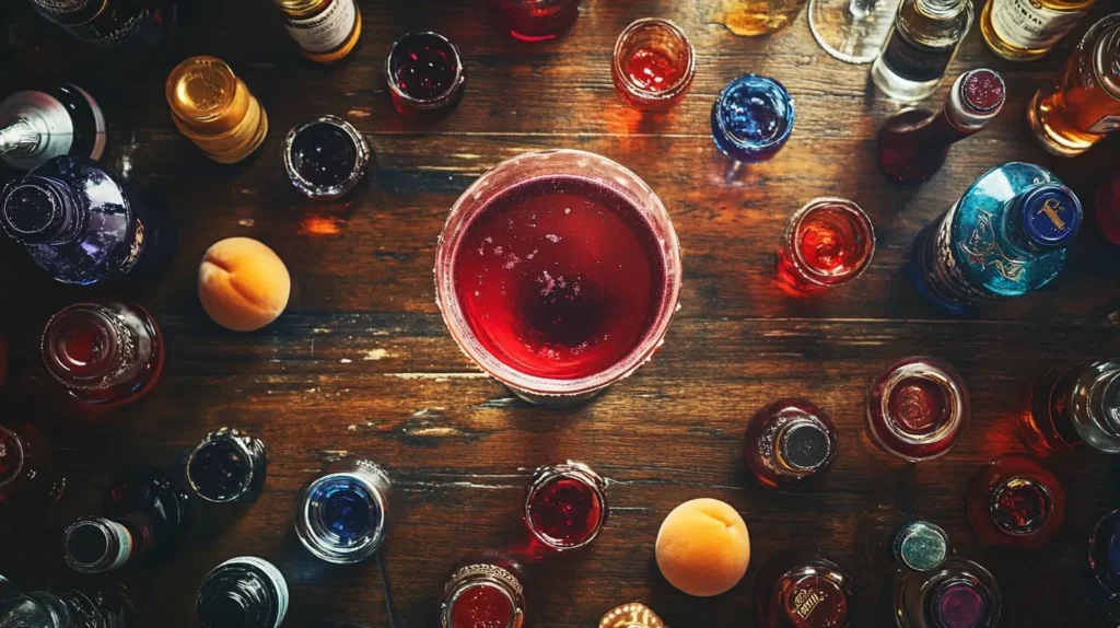 A close-up shot of a Vegas Bomb Recipe cocktail as the shot glass is dropped into a glass of energy drink, creating a dramatic splash with ice cubes and fizz