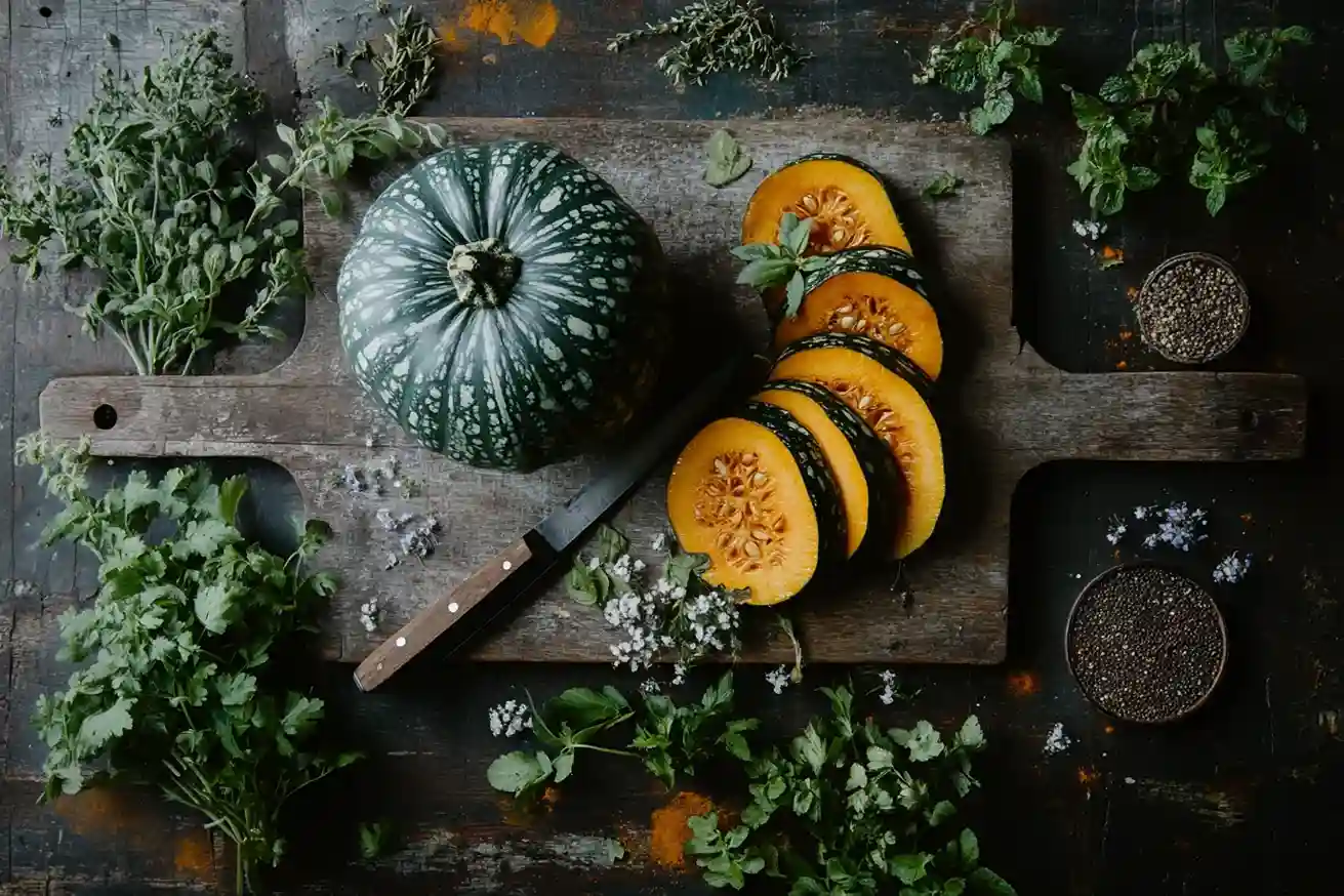 A whole kabocha squash with slices arranged on a wooden cutting board surrounded by herbs and spices