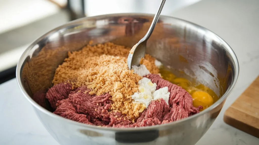 Close-up of ground beef, breadcrumbs, eggs, and Lipton Onion Soup Mix being mixed together in a large bowl.