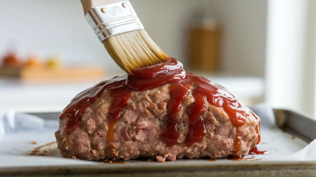 Brushing ketchup glaze onto a Lipton Onion Soup Meatloaf before baking, placed on a parchment-lined baking sheet.