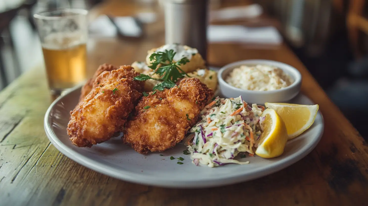 A plate of golden fried fish with hush puppies, coleslaw, and lemon wedges on a rustic table.
