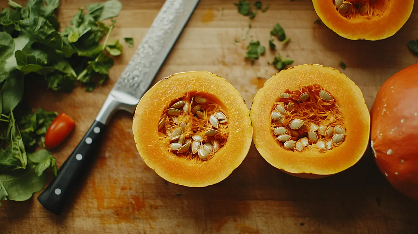 Creamy kabocha squash soup topped with coconut milk and turmeric in a white bowl