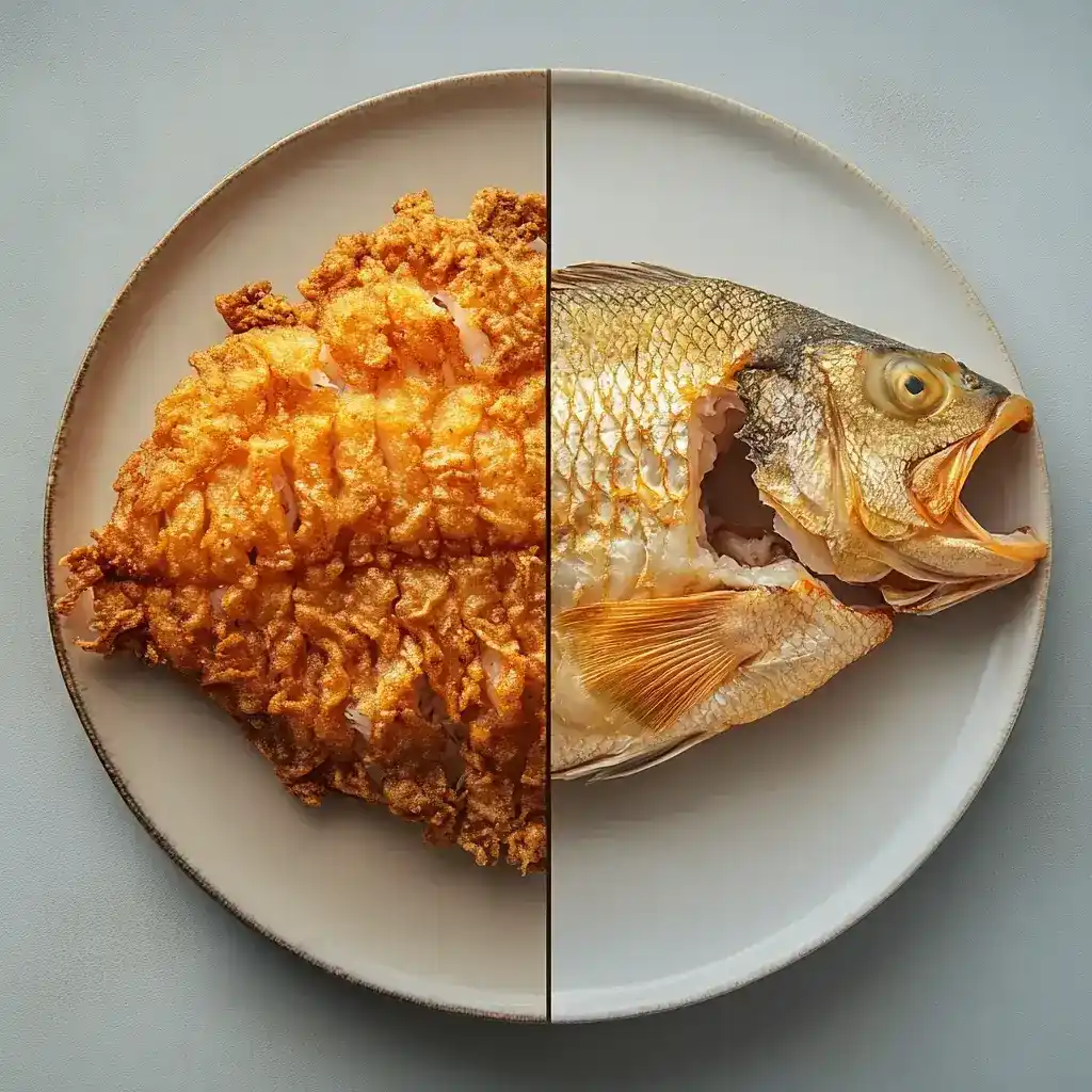 Side-by-side comparison of golden-brown fried fish and soggy, undercooked fish on a plate.