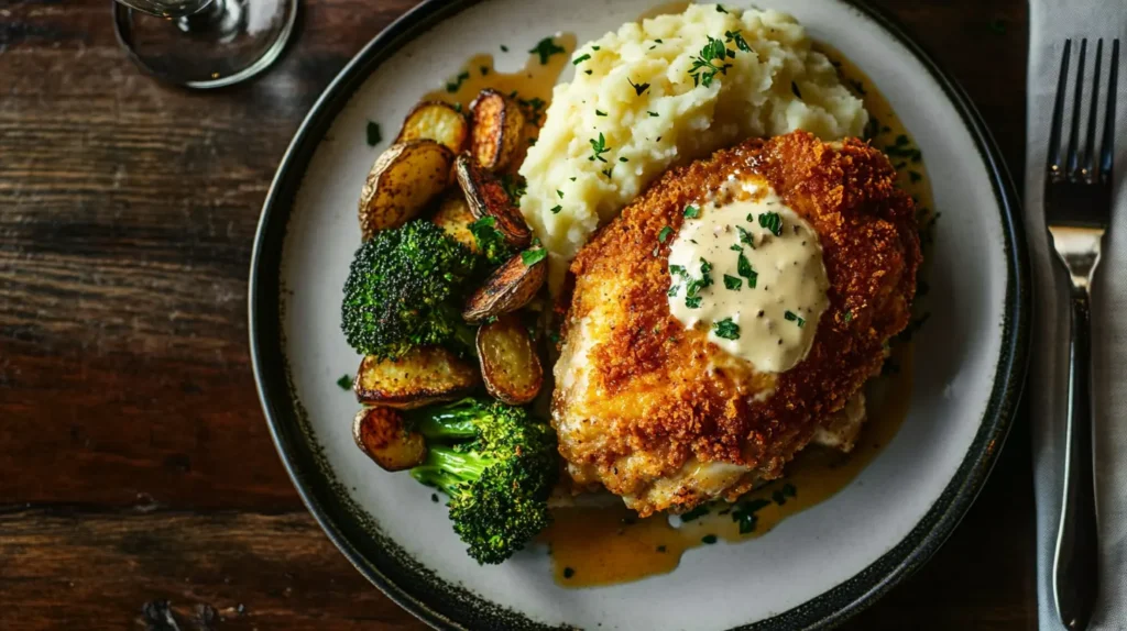 A complete meal featuring Longhorn Parmesan Crusted Chicken, mashed potatoes, and roasted asparagus, styled for an elegant dinner setting.