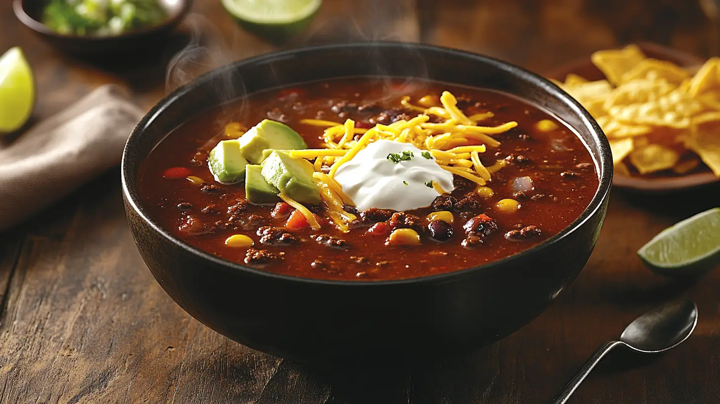 A warm and hearty bowl of Taco Soup Frios Recipe frios garnished with cheese, sour cream, avocado, and tortilla chips, set on a rustic wooden table