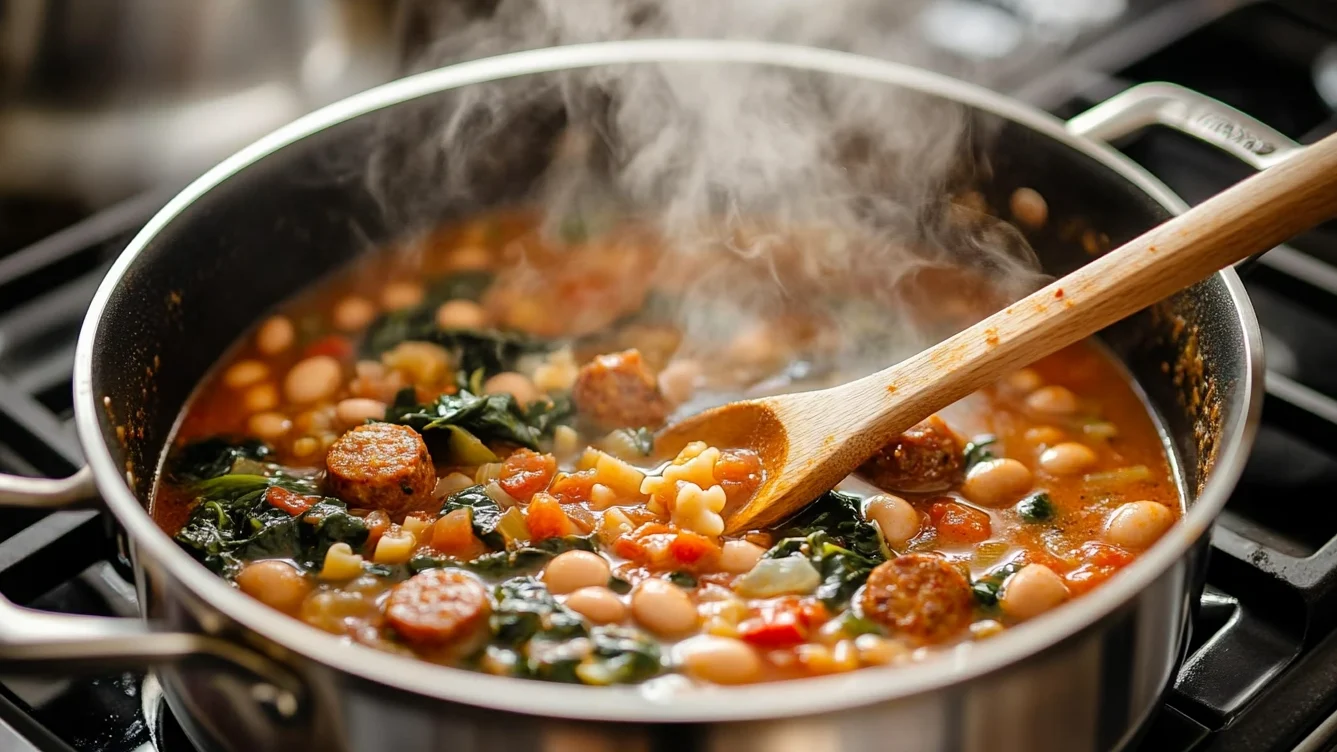 A stockpot of Swamp Soup simmering on a stovetop, featuring sausage, beans, greens, and pasta in a smoky broth.