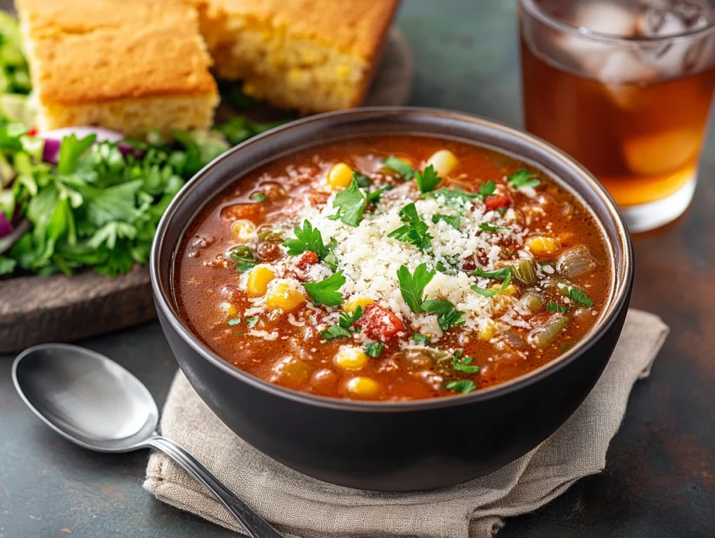 A bowl of Swamp Soup garnished with Parmesan and parsley, served with cornbread and a fresh green salad on the side.