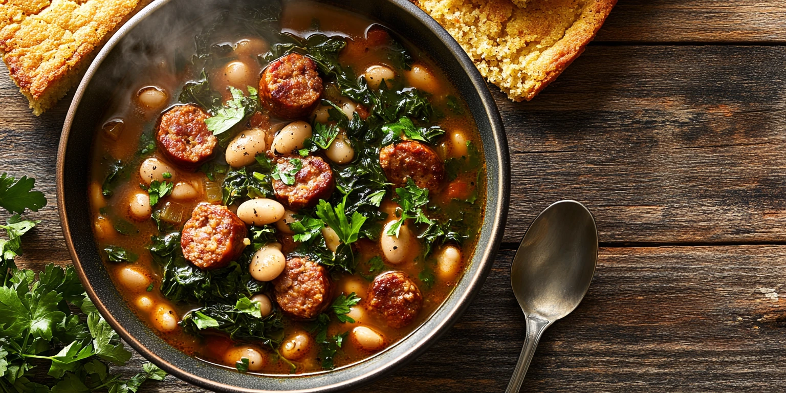 A steaming bowl of Swamp Soup with smoky sausage, turnip greens, and white beans, garnished with parsley, served with cornbread.