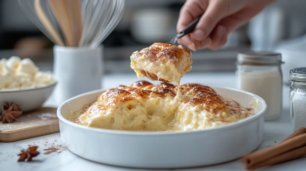 A slice of brioche bread being dipped into a creamy egg batter with cinnamon and vanilla, showcasing the preparation step.