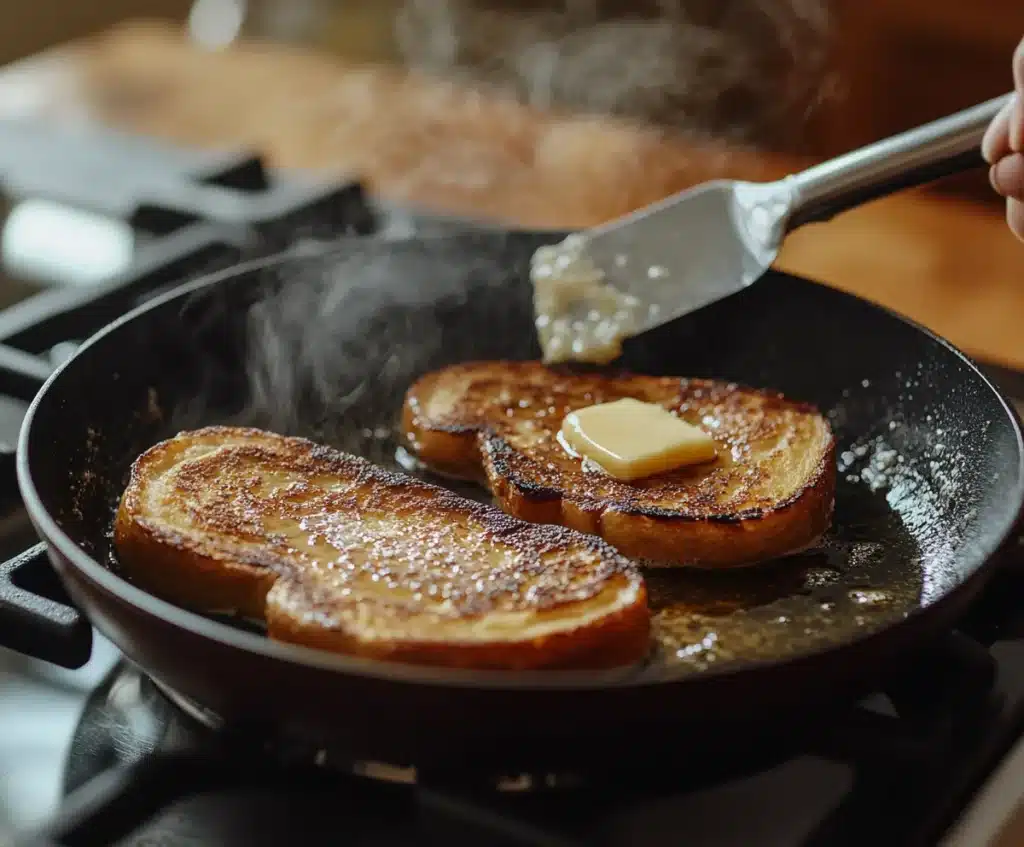 A variety of French toast toppings including berries, bananas, whipped cream, and syrup on a wooden board.