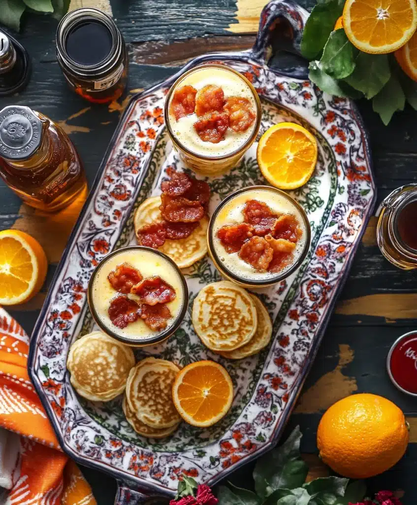 Three Breakfast Shots garnished creatively with bacon, mini pancakes, and caramel drizzle, surrounded by fresh orange slices and syrup bottles.