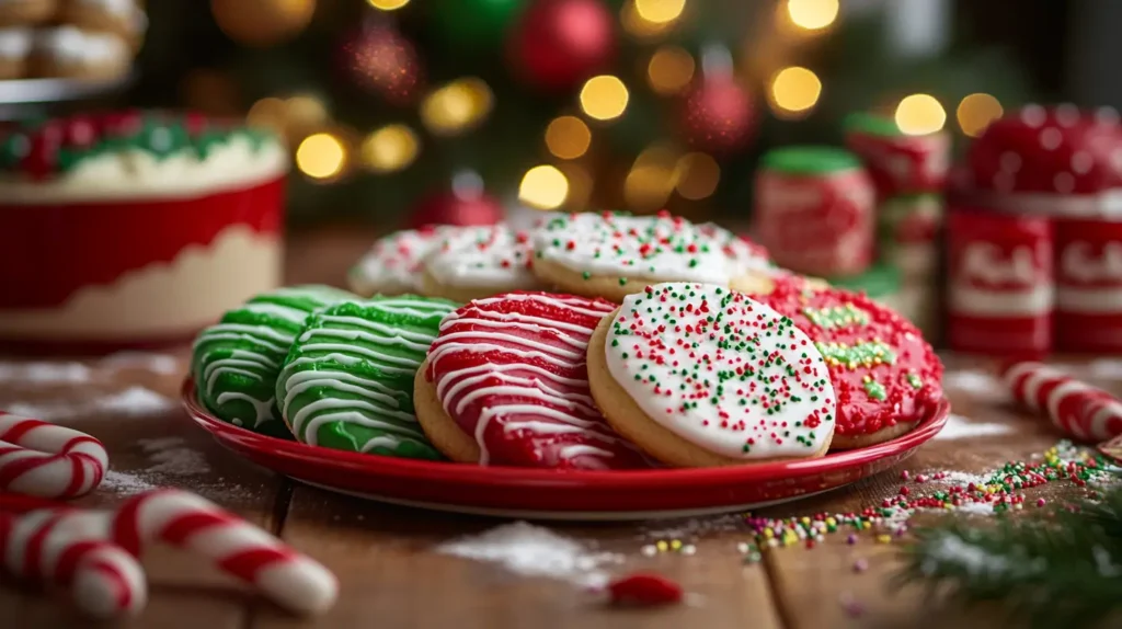 Festive tray of Christmas sugar cookies with decorations on a rustic wooden table