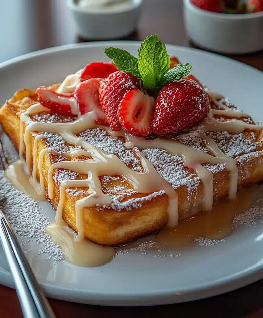 A slice of cinnamon roll French toast skillet on a white plate, topped with icing, powdered sugar, and fresh strawberries.