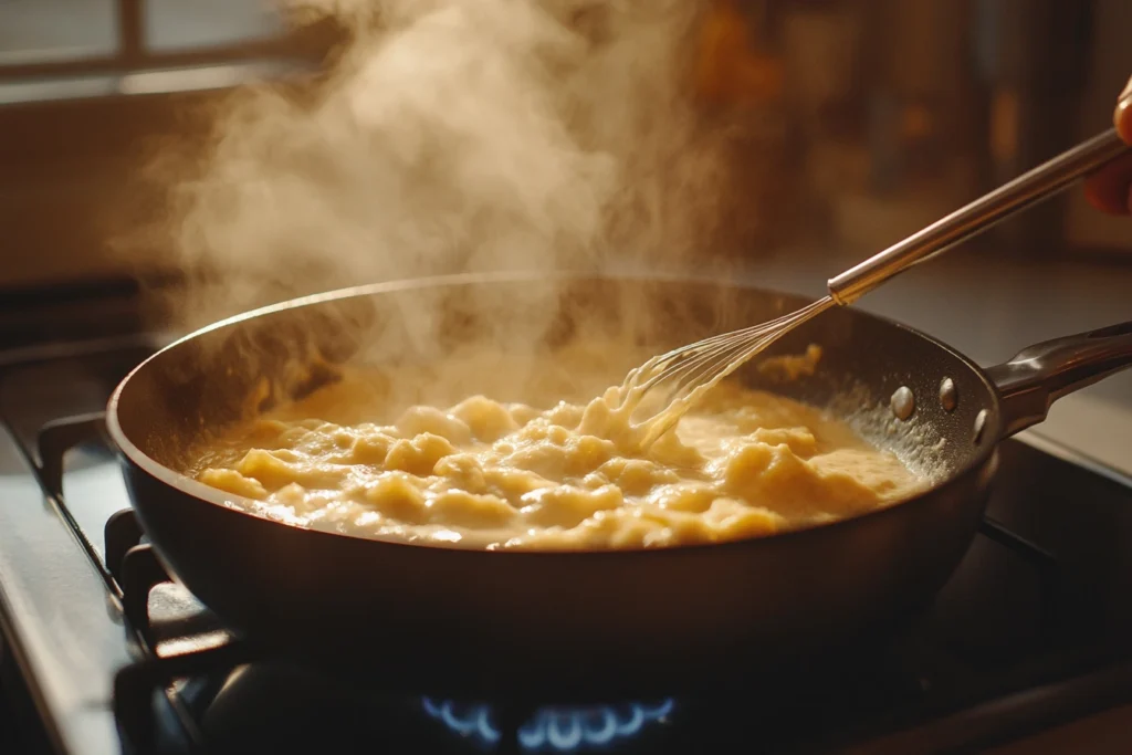 Close-up of creamy sherry-Parmesan sauce being whisked in a saucepan on a stovetop.