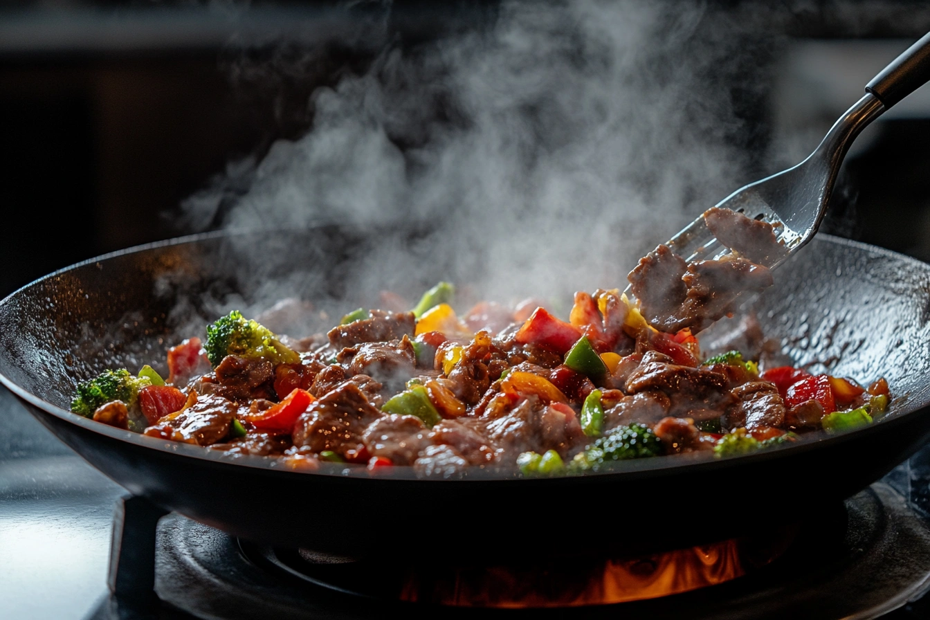 Close-up of beef stir fry with colorful vegetables and a soy-based sauce served on a white plate with chopsticks.