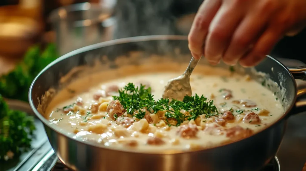 A close-up of creamy Parmesan Italian sausage soup being stirred, with sausage and pasta visible in the broth