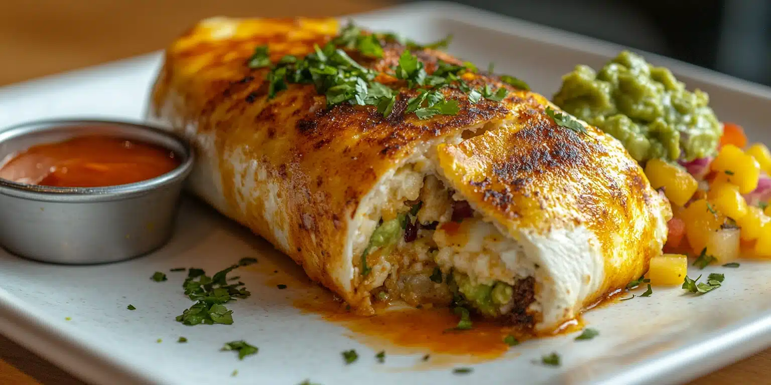 A golden breakfast burrito sliced in half, served with guacamole, hot sauce, and a fresh fruit salad.