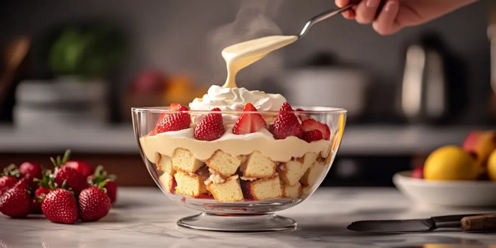 Layered trifle being assembled with cake cubes, fresh strawberries, custard, and whipped cream in a glass bowl.