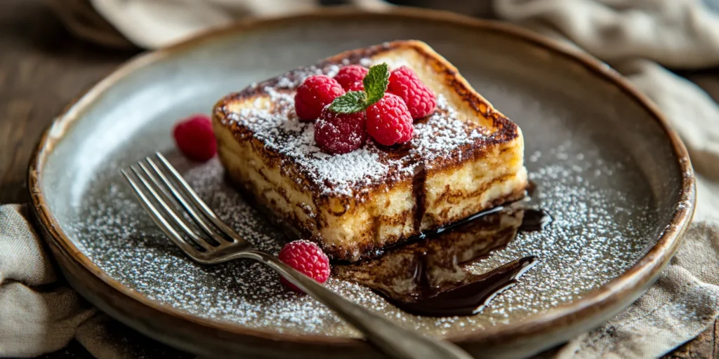 Golden French toast slices topped with fresh berries and powdered sugar, drizzled with syrup on a white plate.