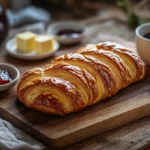 Freshly baked Gipfeli on a wooden board with jam and flour, showcasing its golden, flaky crust.