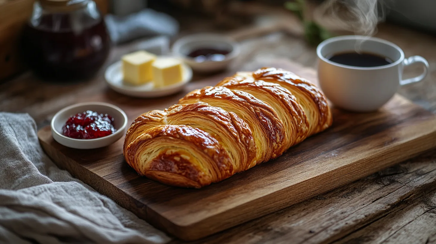 Freshly baked Gipfeli on a wooden board with jam and flour, showcasing its golden, flaky crust.