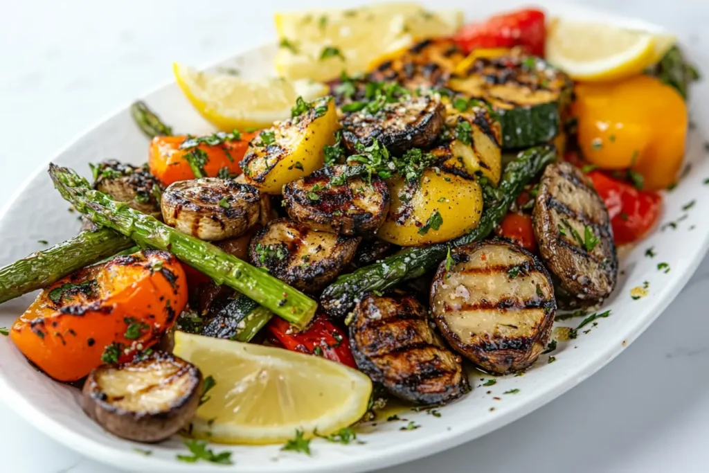 Close-up of grilled vegetables including zucchini, asparagus, bell peppers, and mushrooms on a white plate with lemon wedges.

