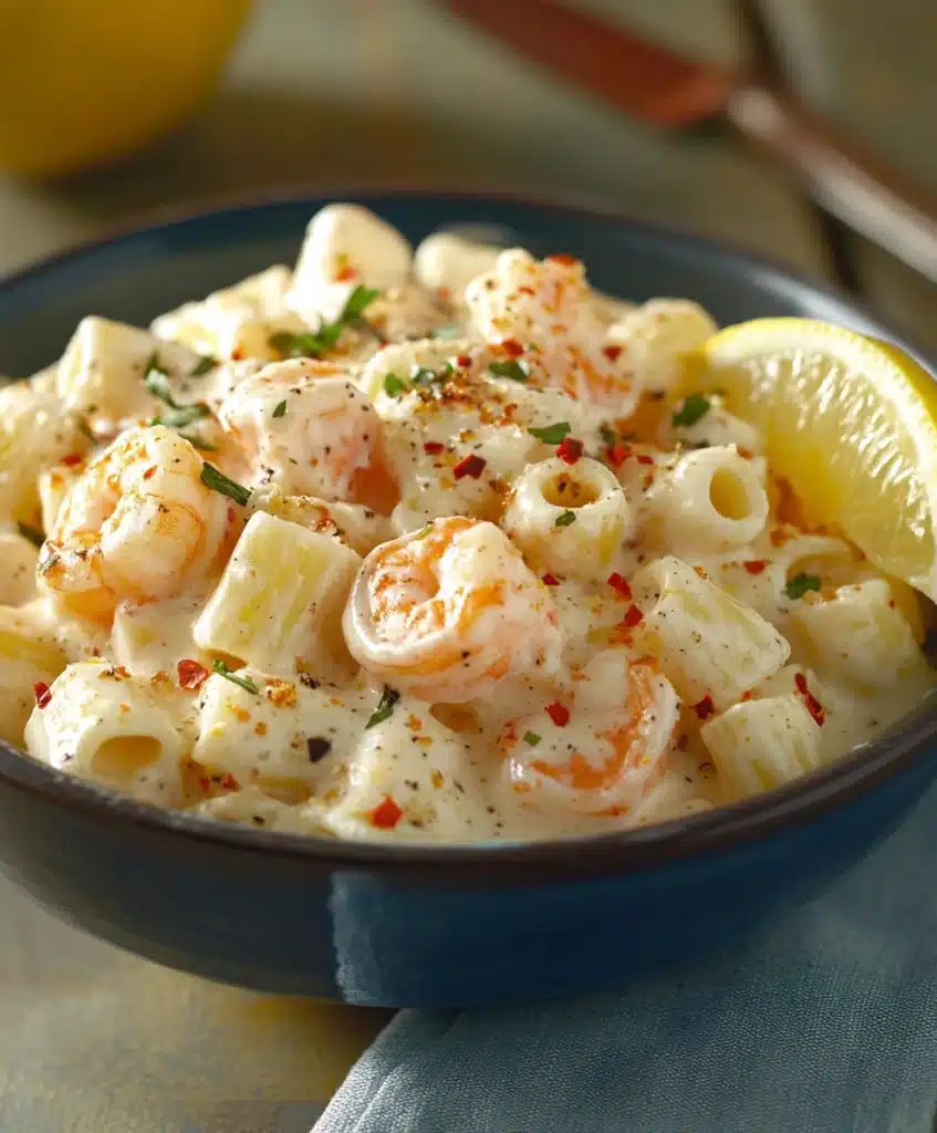 Shrimp Alfredo pasta garnished with parsley, red pepper flakes, and a wedge of lemon.