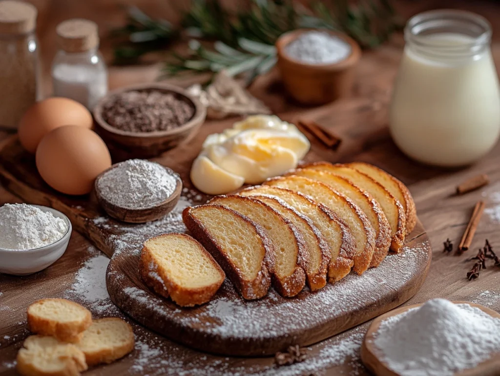 Key ingredients for French toast including brioche bread, eggs, milk, cinnamon, and vanilla extract on a wooden board.