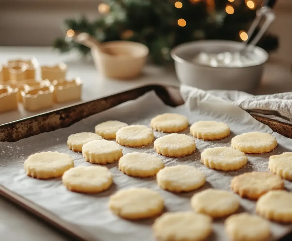 Freshly baked sugar cookies on a baking sheet