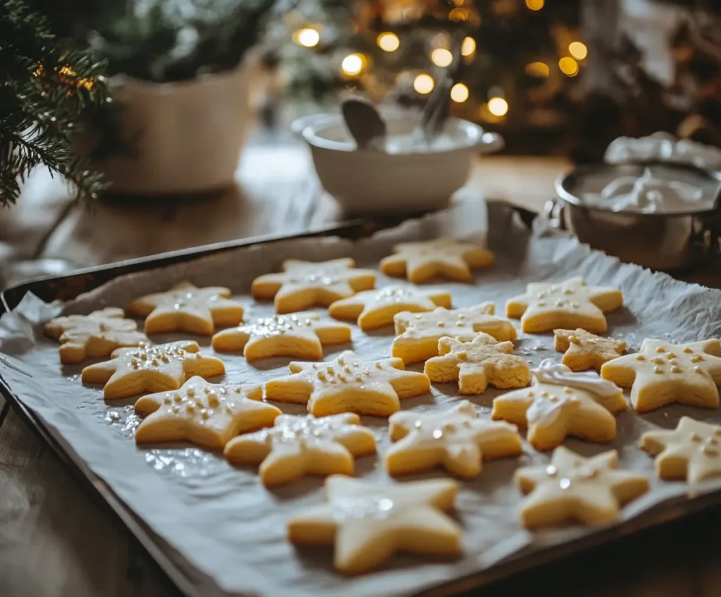 Freshly baked sugar cookies on a baking sheet with cookie cutters and icing in the background.