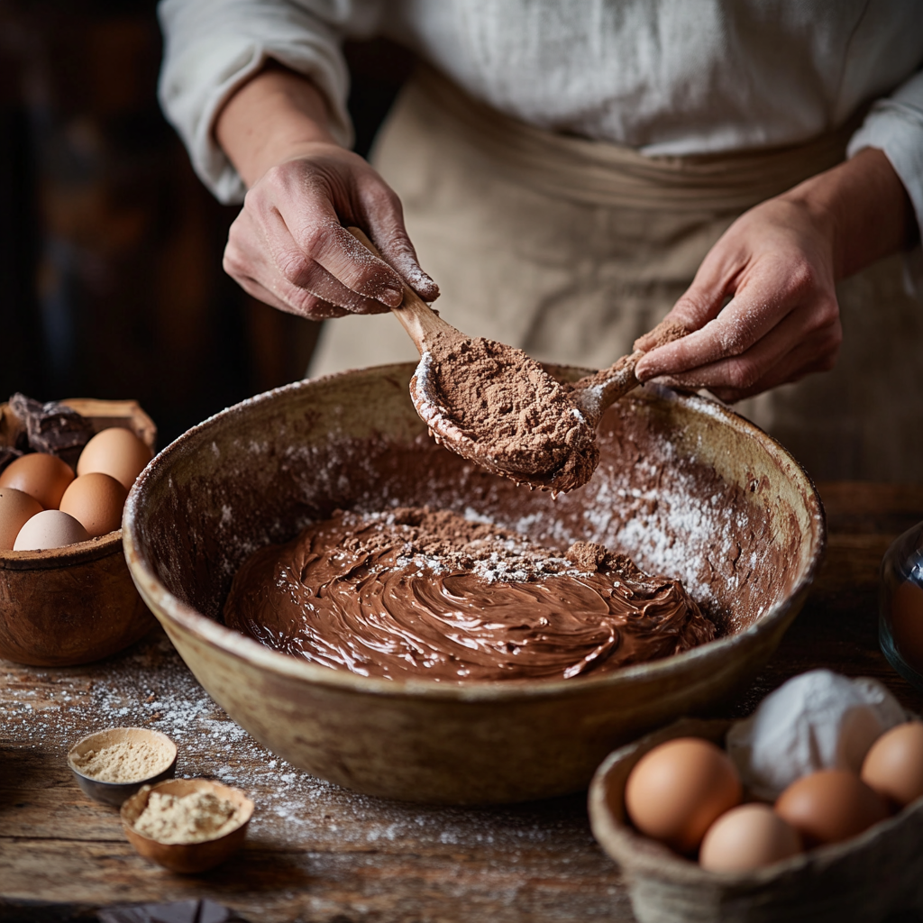 A baker mixing kefir kefir sheet cake recipe batter in a bowl with ingredients like eggs and cocoa powder nearby.