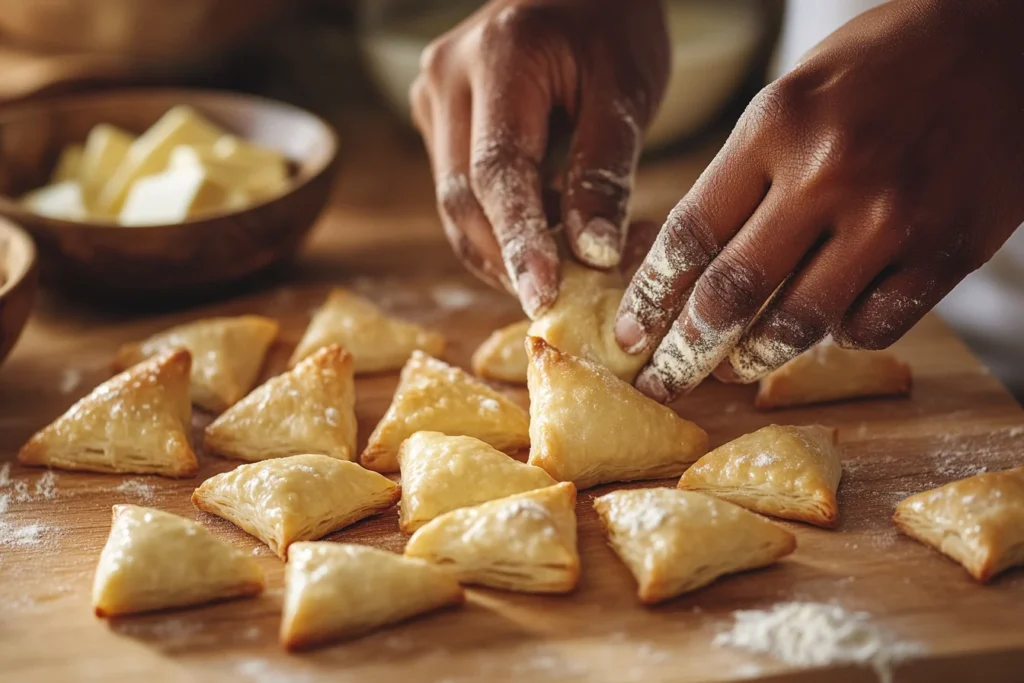 Laminated pastry dough preparation with butter slices and a rolling pin

