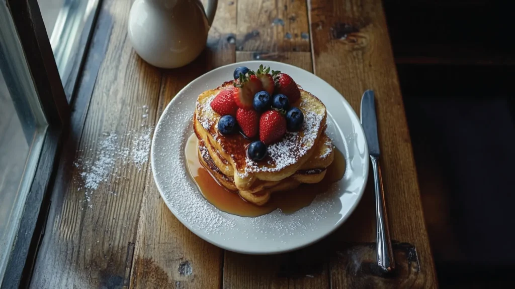 A beautifully plated slice of French toast topped with powdered sugar, fresh raspberries, and a drizzle of chocolate syrup.