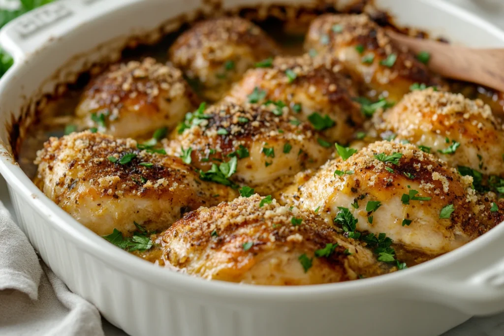 Close-up of a freshly baked Chicken Divan casserole with a golden breadcrumb topping in a white baking dish.