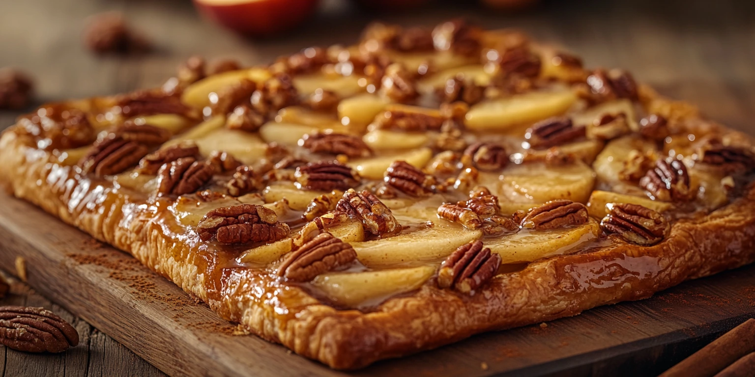 Golden apple and pecan danish pastry tart drizzled with vanilla glaze, surrounded by pecans and cinnamon sticks.