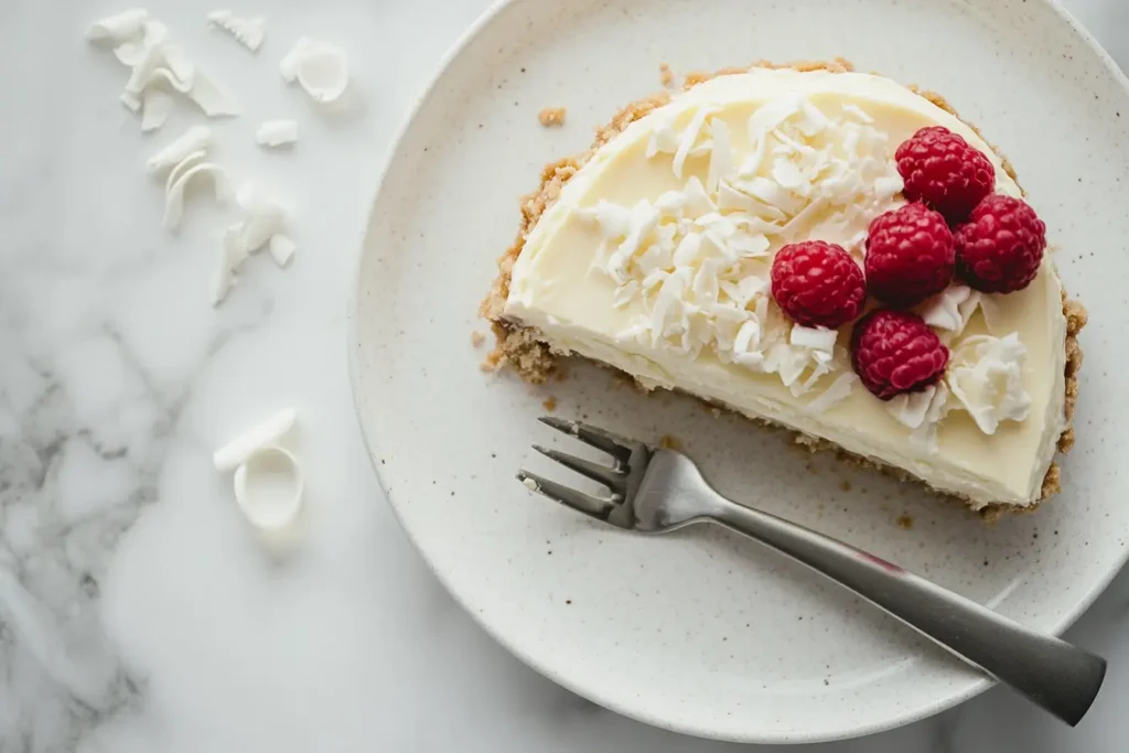 No-bake white chocolate cheesecake with graham cracker crust and fresh raspberry