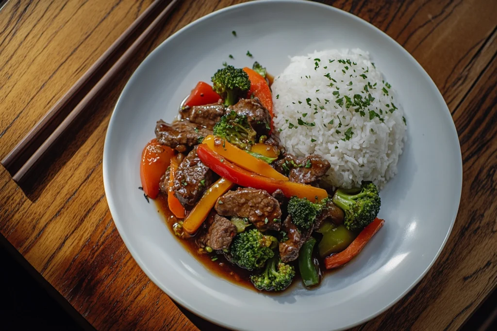 Beef Stir Fry Recipe stir fry cooking in a wok with colorful vegetables and a glossy soy-based sauce being tossed with a spatula.